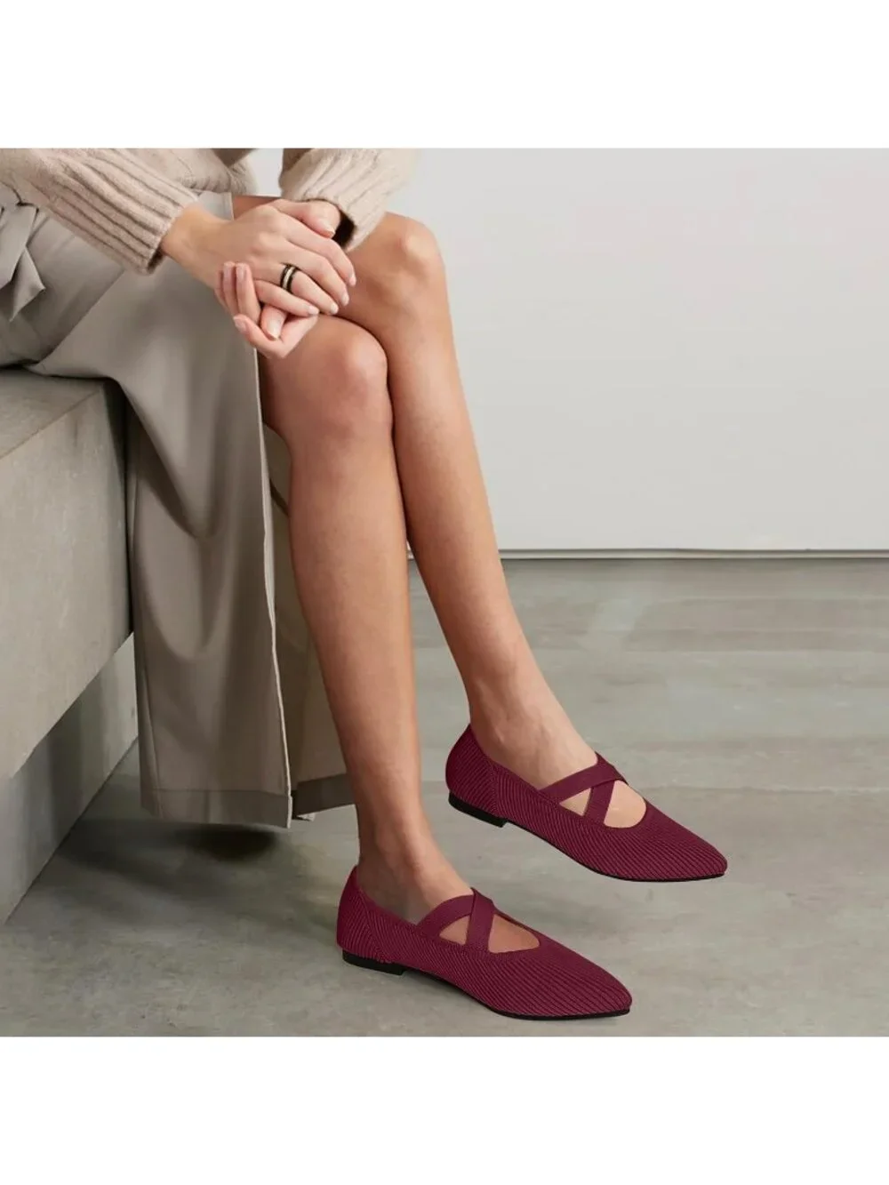 Women's Red Knit Mary Jane Flats Pointed Toe Comfortable Slip On Dressy Shoes